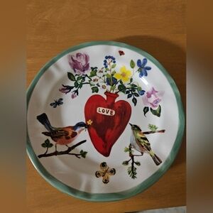 Anthropologie Nathalie Lete Love Heart Birds Floral Dinner Plate, 10" Diameter